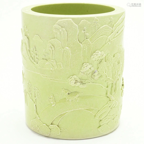 Chinese Lime-Green Biscuit Carved Brushpot.