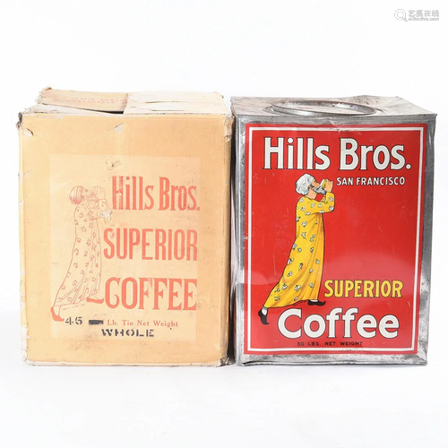 Hills Bros. 50 Pound Coffee Tin with Original Box.