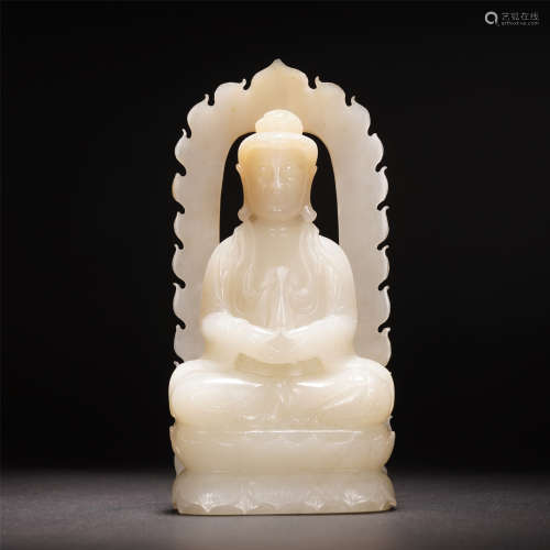 A CHINESE WHITE JADE GUANYIN SEATED STATUE WITH BACKLIGHT