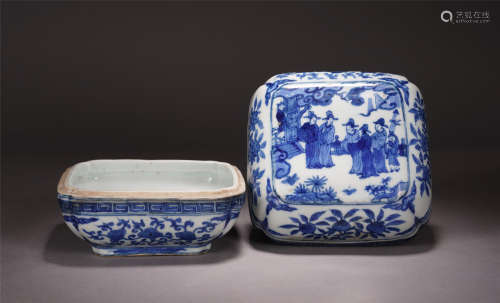 A CHINESE BLUE AND WHITE PORCELAIN FIGURE AND STORY LIDDED BOX
