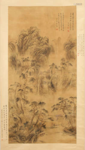 A CHINESE SCROLL PAINTING OF MOUNTAIN BY WANGHUI