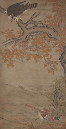 A CHINESE SCROLL PAINTING OF EAGLES HUNTING PHEASANTS BY CUIBAI
