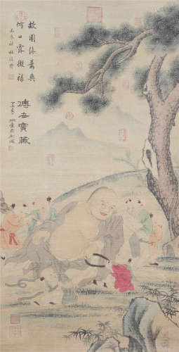 A CHINESE VERTICAL SCROLL OF PAINTING BUDDHA AND BOYS BY DUQIONG