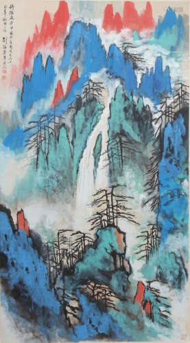 A CHINESE SCROLL PAINTING OF COLORING MOUNTAIN BY LIU HAISU