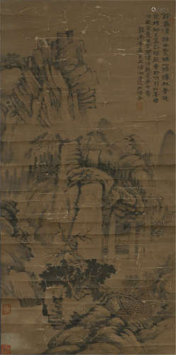 A CHINESE SCROLL PAINTING OF MOUNTAIN SCENERY BY SHITAO