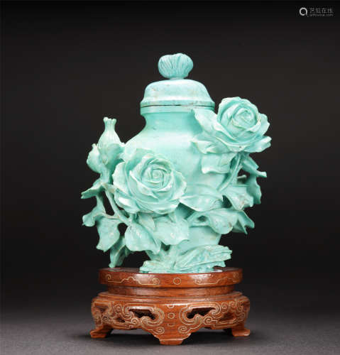 A CHINESE CARVED FLOWER TURQUOISE VIEWS VASE