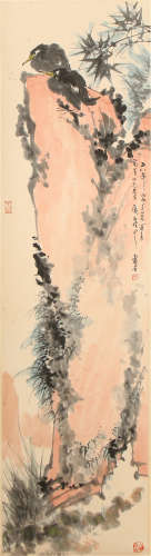 A CHINESE SCROLL PAINTING OF BIRDS STAND ON STONE BY PAN TIANSHOU