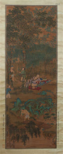 A CHINESE SCROLL PAINTING OF FIGURE AND STORY BY QIUYING