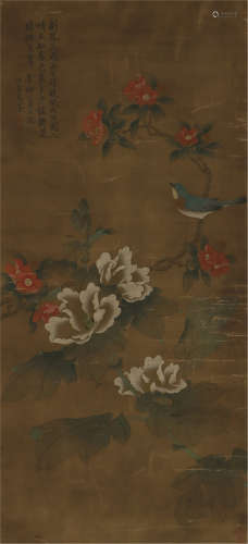 A CHINESE SCROLL PAINTING OF FLOWERS AND BIRD