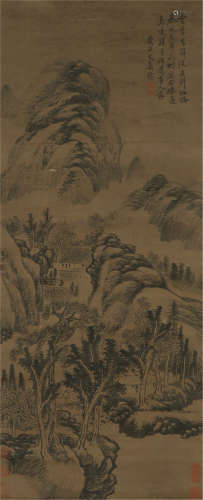 A CHINESE SCROLL PAINTING OF MOUNTAIN AND HOUSE TU