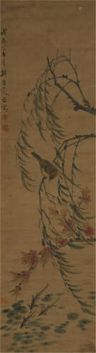 A CHINESE SCROLL PAINTING OF MAGPIE RIDING ON BRANCH TU