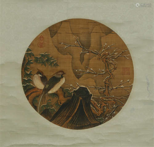 A CHINESE SCROLL PAINTING OF BIRDS AND BRANCH