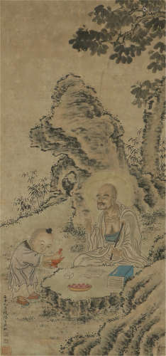 A CHINESE SCROLL PAINTING OF FIGURES STORY