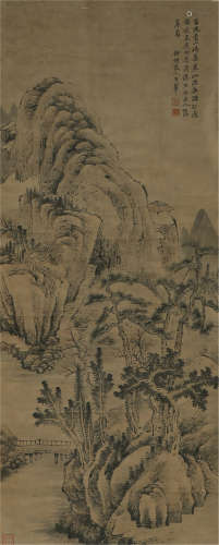 A CHINESE SCROLL PAINTING OF MOUNTAIN AND TREE