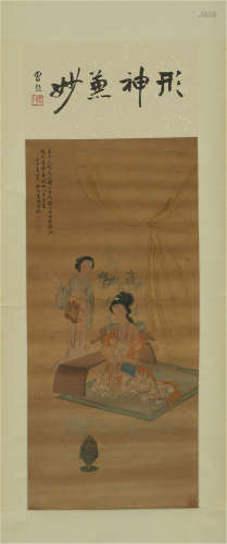 A CHINESE SILK SCROLL PAINTING OF FIGURE STORY