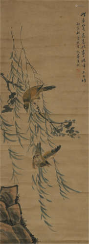 A CHINESE SCROLL PAINTING OF BIRDS ON BRANCH