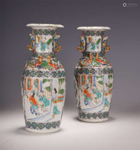 A PAIR OF CHINESE WUCAI PORCELIAN FIGURE AND STORY DOUBLE HANDLE VIEWS VASE