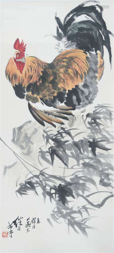 A CHINESE SCROLL OF PAINTING COCK BY LIU JIYOU