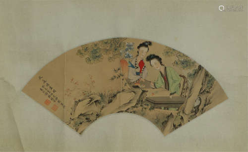 A CHINESE FAN SECTOR PAINTING OF FIGURE STORY