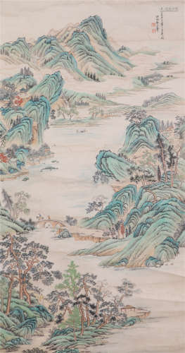 A CHINESE VERTICAL SCROLL OF PAINTING MOUNATIN AND RIVER BY WANGHUI