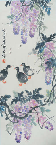 A CHINESE VERTICAL SCROLL OF PAINTING WISTARIA AND DUCK BY LOU SHIBAI
