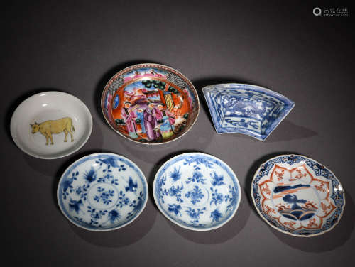 青花粉彩盘六件 6pcs Chinese Blue&white Famille Rose Porcelain Plates