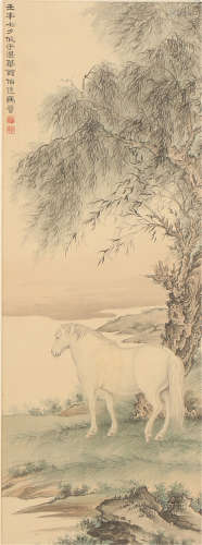 A CHINESE SILK SCROLL PAINTING OF FINE HORSE BY MAJIN