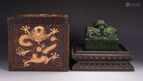 A CHINESE CARVED DRAGON AND POEMS SPINACH JADE SEAL