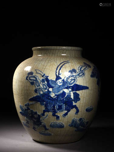 哥釉青化刀马人物大罐 A Chinese Ge Glazd Blue and White Floral Porcelain Jar