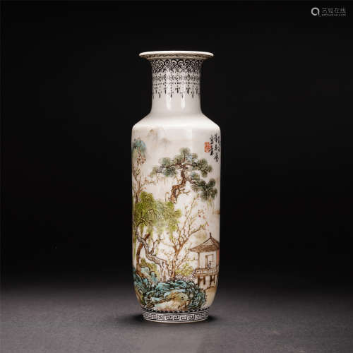 A CHINESE PORCELAIN FAMILLE ROSE FLOWER GAOSHI IN PINE FOREST VIEWS VASE