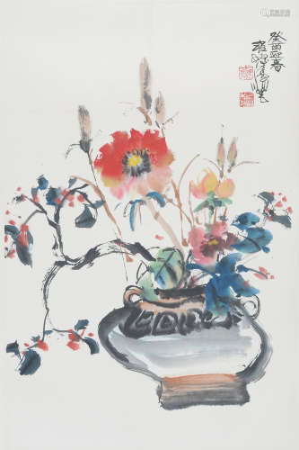 A CHINESE SCROLL OF PAINTING FLOWERS BY CHENG SHIFA