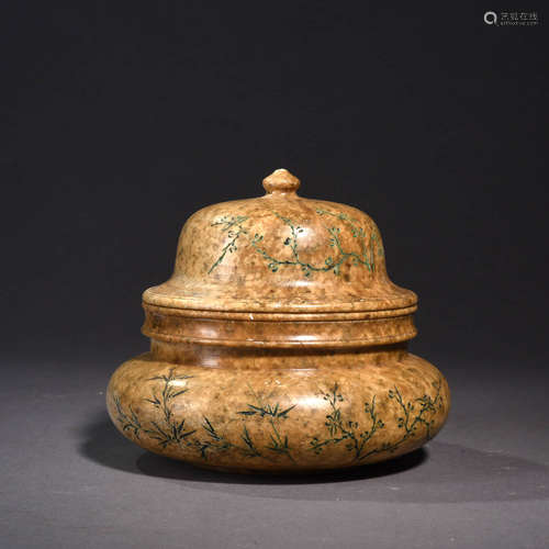 寿山石花卉诗文炉 A Chinese Inscribed Shoushan Stone Incense Burner