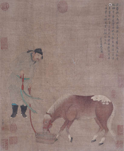 A CHINESE VERTICAL SCROLL OF PAINTING FEED HORSE BY ZHAO ZIANG