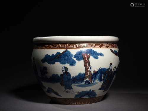 青花釉里红人物诗文卷缸 A Chinese Blue and White Underglazed Red Porcelain Scroll Vat