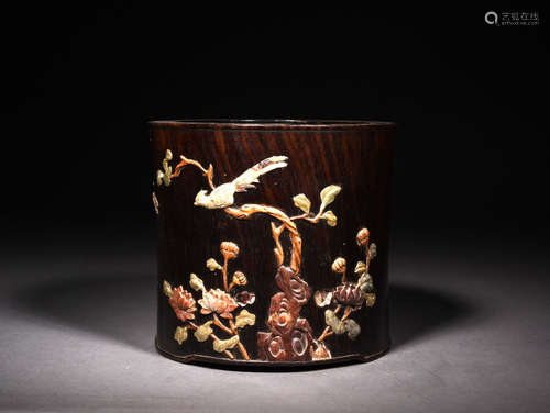 黄花梨束腰百宝嵌笔筒 A Chinese Jewel Inlaid Rose Wood Brush Pot