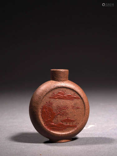 紫砂泥绘抱月山水纹烟壶 A Chinese Purple Sand Snuff Bottle