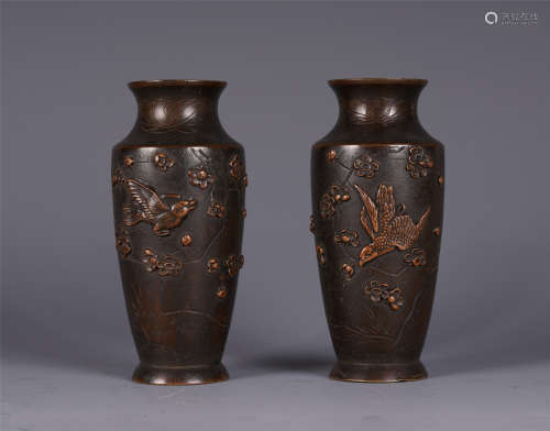 PAIR OF CHINESE CARVING FLOWER AND BIRD BRONZE VASE