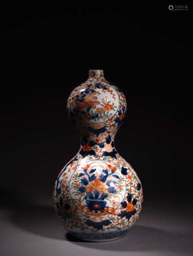 青花加彩描金开光富贵花卉葫芦瓶 A Chinese Blue and White Gild Floral Porcelain Gourd-shaped Vase