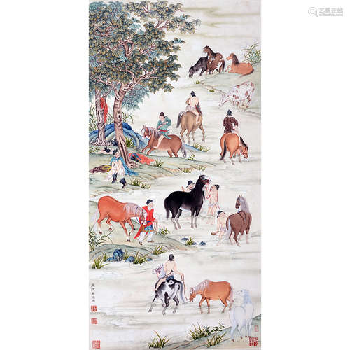 禹之鼎、洗马图 A Chinese Horse Painting Scroll, Yu Zhiding Mark