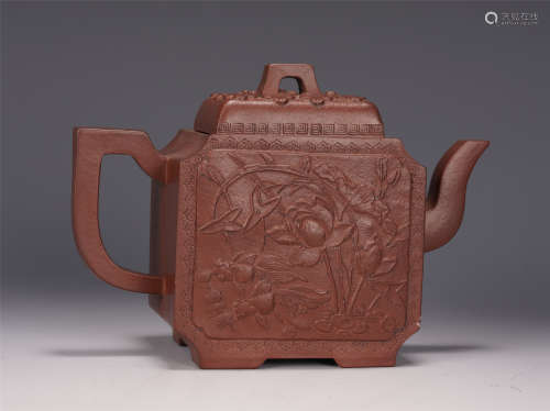 A CHINESE FULL CARVED FLOWER SQUARE ZISHA TEAPOT
