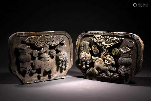 砖雕博古 宝象 平安案屏一对 A Pair of Chinese Carved brick Screens