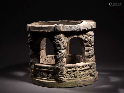 砖雕龙纹盆托 A Chinese Dragon Carved Brick Cachepot