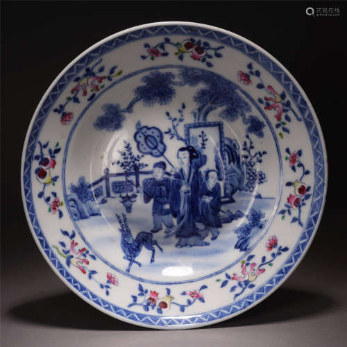 A CHINESE BLUE AND WHITE PORCELAIN RED UNDER GLAZE FIGHRE AND STORY VIEWS DISH