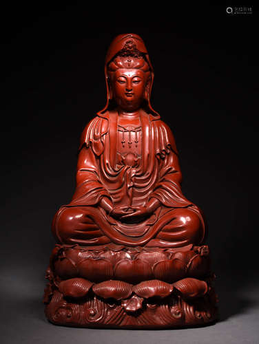 大漆观音座像 A Chinese Carved Red Lacquerware Guanyin Statue