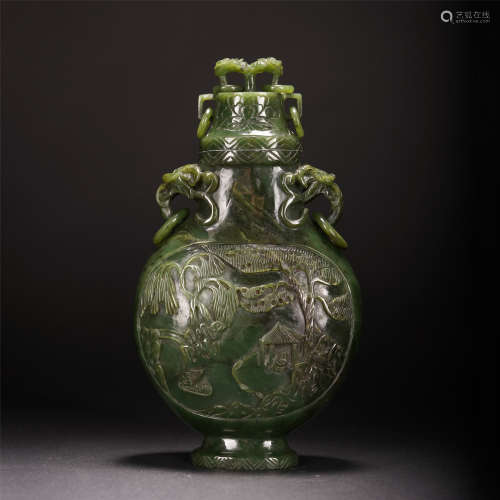 A CHINESE CARVED FIGURE AND STORY DOUBLE BEAST HANDLE SPINACH JADE VIEWS VASE