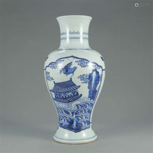 A CHINESE BLUE AND WHITE PORCELAIN CRANE AND GUANYIN PATTERN VASE