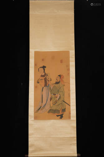姚文瀚 人物 A Chinese Figure Painting Silk Scroll, Yao Wenhan Mark