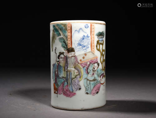 粉彩高仕人物笔筒 A Chinese Famille Rose Figure Painted Porcelain Brush Pot