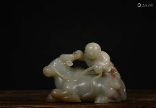白玉童子戏牛 A Chinese White Jade Boy Ornament