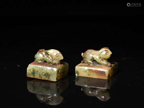 高古玉印一对 A Pair of Chinese Gaogu Jade Seals